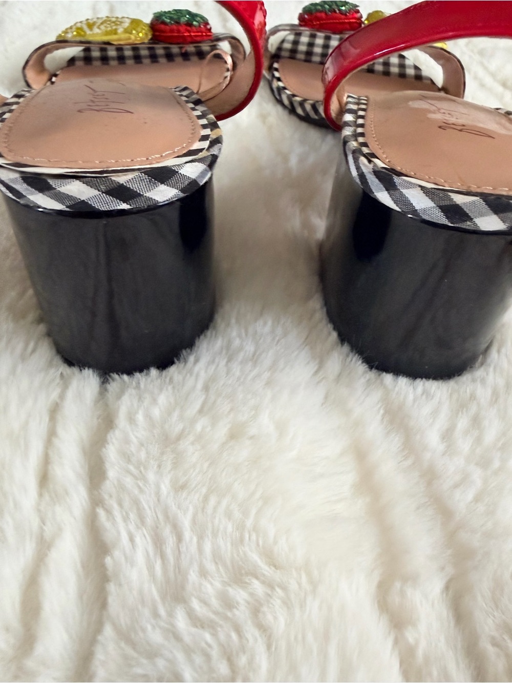 BETSEY JOHNSON Gingham Beaded Fruit Block Heel Sandals - Red - Picture 5 of 6